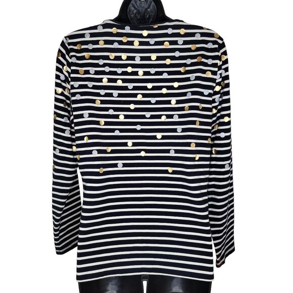 Talbots Women Striped Metallic Silver Gold Polka Dot Long Sleeve Cotton Top Med - Picture 4 of 5